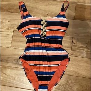 Michael Kors Ring Chain Striped One Piece Swimsuit
